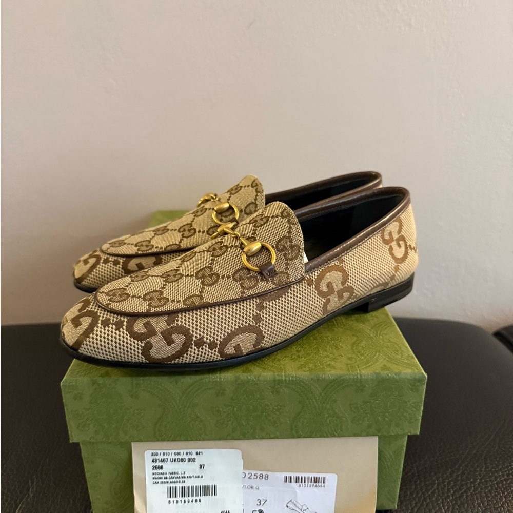 Gucci Tan and Brown Loafers with Gold Details